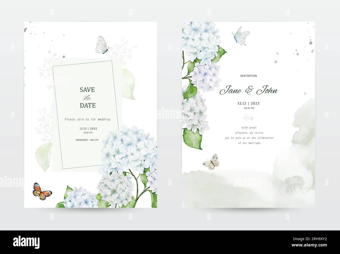 Ein Set Aquarelle Einladungskarten mit weißen Hortensien, dekoriert mit Schmetterlingen, Spritzer und Flecken. Vektor perfekt für eine Hochzeit Stock Vektor