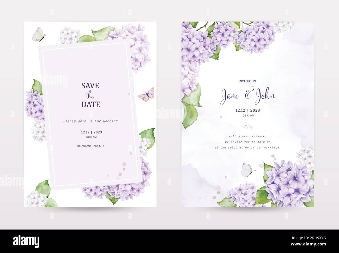 Set mit Aquarell-Pastellkarten mit lila Hortensien, dekoriert mit Schmetterlingen und Fleckenstrukturen. Vector perfekt für eine Hochzeit Stock Vektor