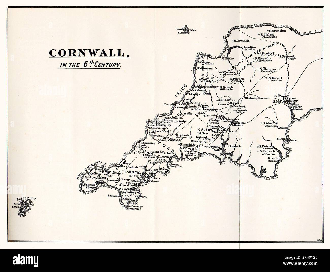 Eine Karte von Cornwall im 6. Jahrhundert aus dem Leben der Heiligen von Sabin Baring-Gould. Stockfoto