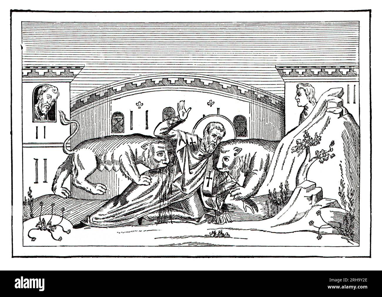Das Martyrium des Heiligen Ignatius (den Bestien zugeworfen), das im Kolosseum in Rom stattfand, laut John Chrysostom über das Leben des Heiligen Ignatius. Gravur aus dem Leben der Heiligen von Sabin Baring-Gould. Stockfoto