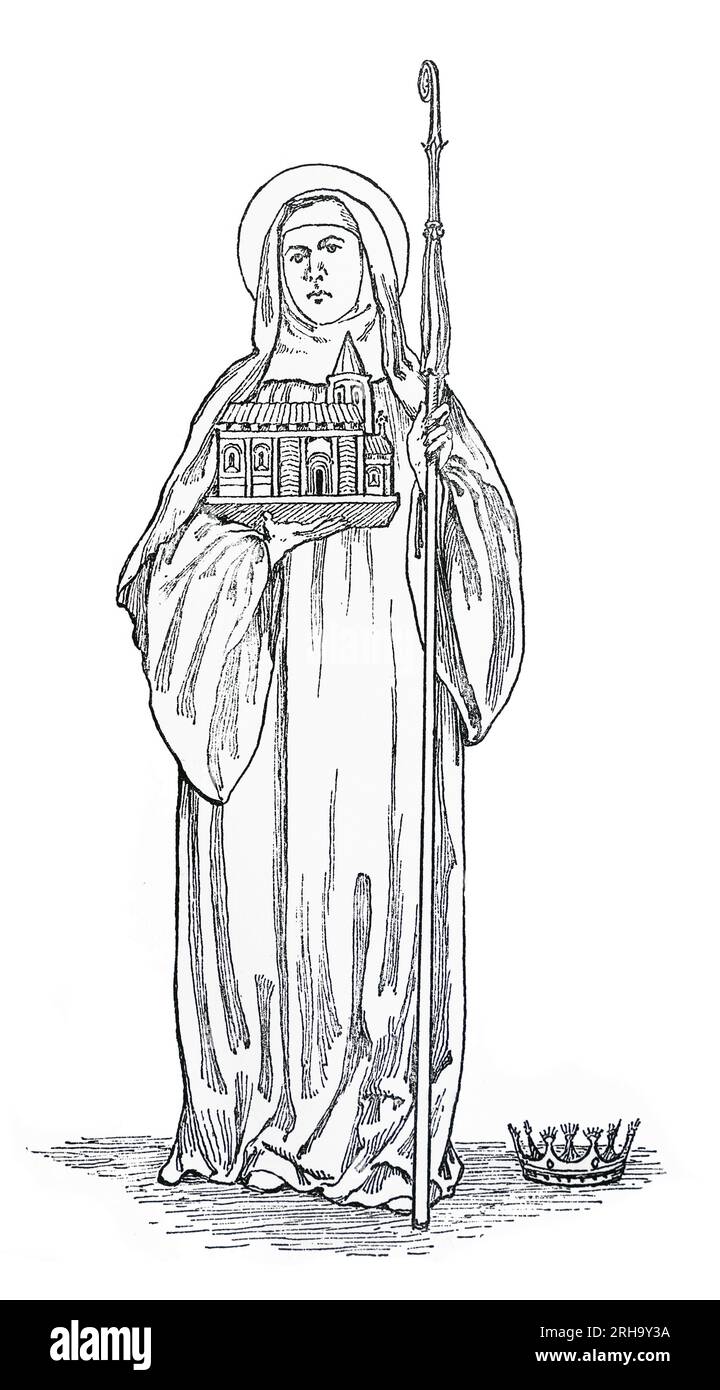 St. Werburgh, (alias Wærburh, Werburh, Werburga, was „wahre Stadt“ bedeutet). Gravur aus dem Leben der Heiligen von Sabin Baring-Gould. Sie war die Tochter von König Wulfhere von Mercia, aber verbrachte die meiste Zeit ihres Lebens als Nonne. Stockfoto