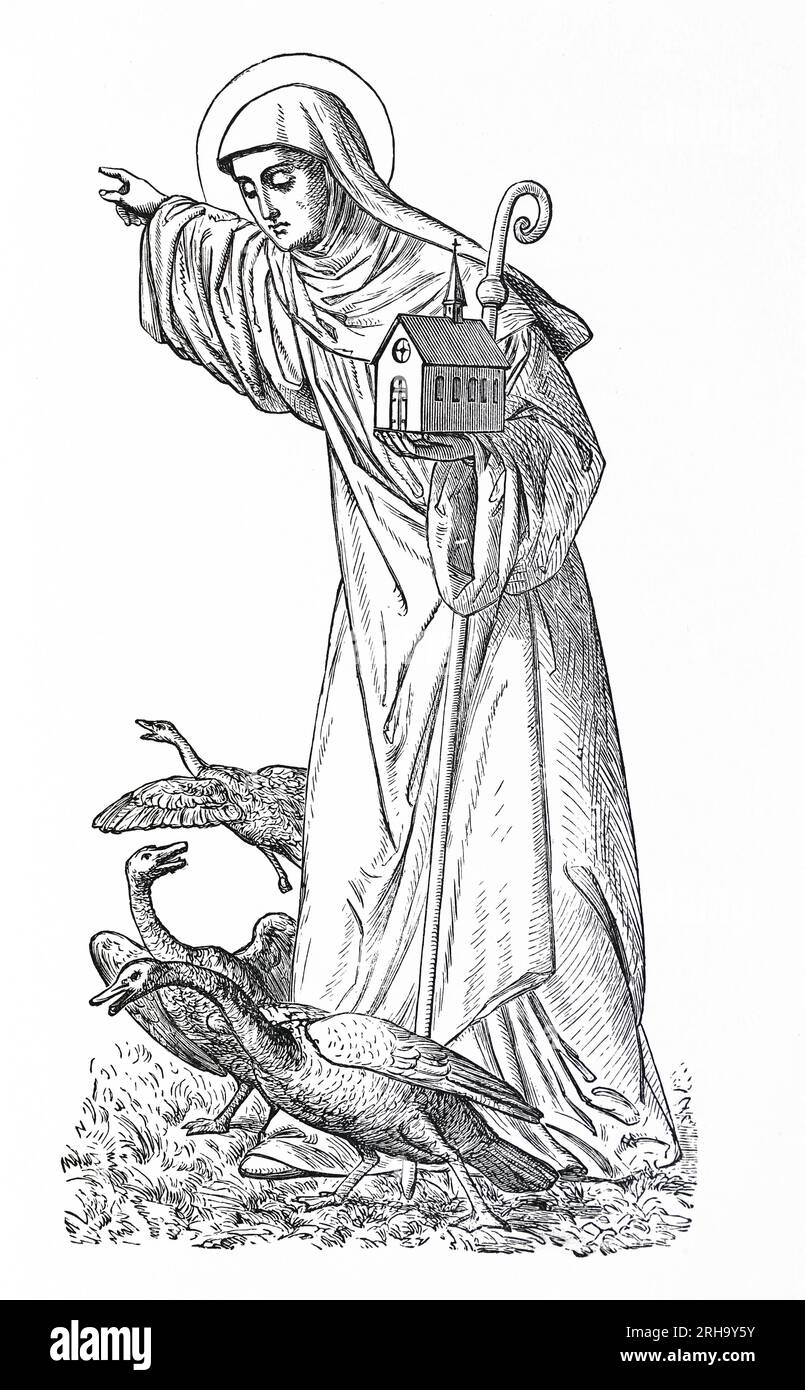 Saint Mildburh (auch bekannt als Milburga oder Milburgh), eine Benediktinerin aus dem 8. Jahrhundert von Wenlock Priory. Die Gänse beziehen sich auf die Geschichte von Milburga, als sie eine Herde Gänse sahen, die die auf den Feldern gesäten Samen aß, ihre Hand erhob und die Vogelscheuchen zum Leben erwachten, tanzten und sangen, und die Gänse flogen davon. Gravur aus dem Leben der Heiligen von Sabin Baring-Gould. Stockfoto