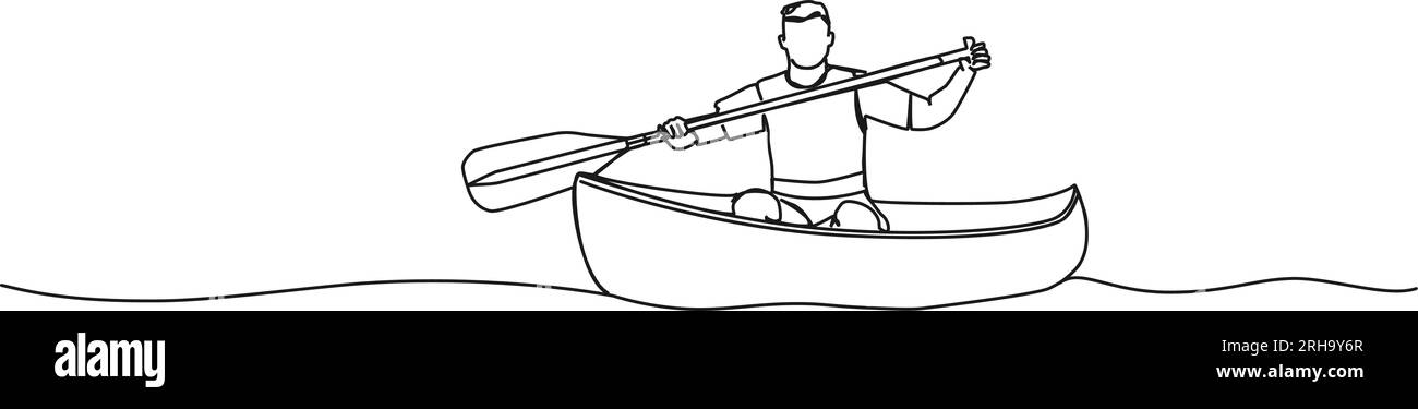 Fortlaufende einzeilige Zeichnung eines Mannes im Kanu auf dem See oder Fluss, Kanufahren Linie Art Vektordarstellung Stock Vektor