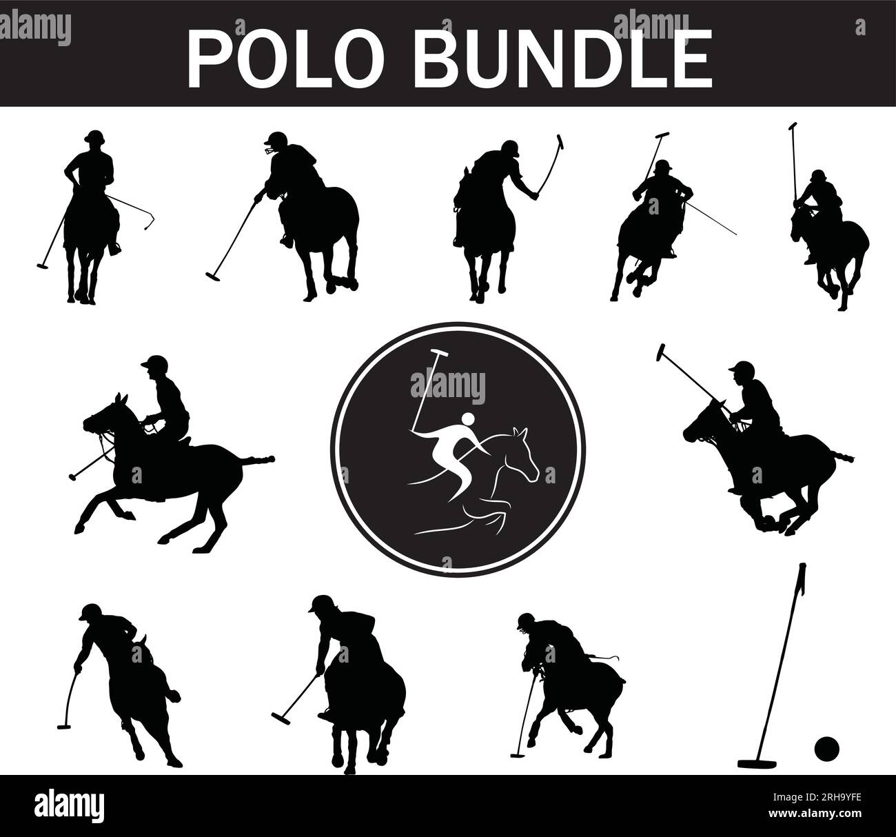 Polo Silhouette Paket | Kollektion von Polospielern mit Logo und Poloausrüstung Stock Vektor