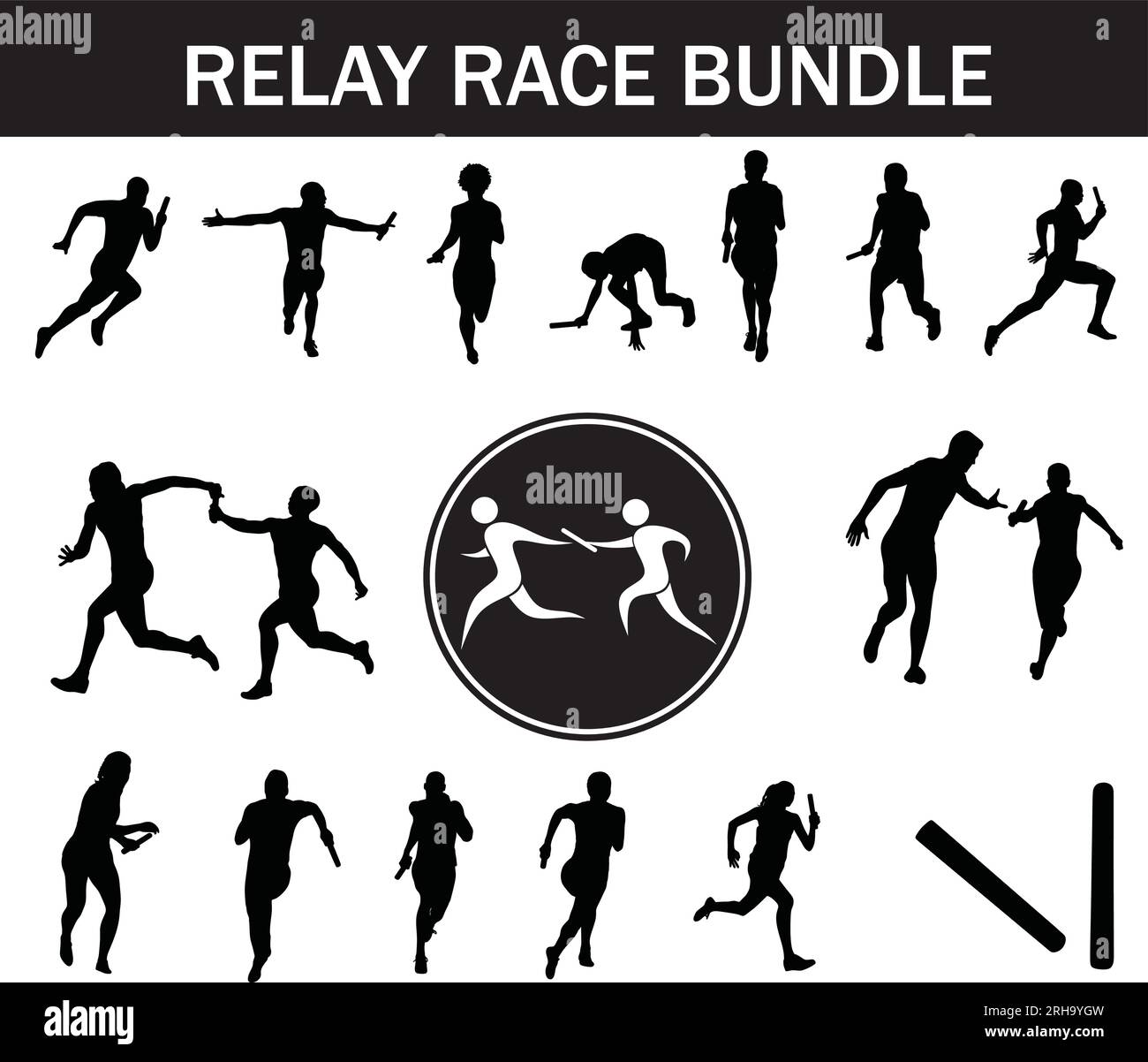 Silhouette-Paket für Relay Race | Kollektion von Relay Race Playern mit Logo und Relay Race Ausrüstung Stock Vektor