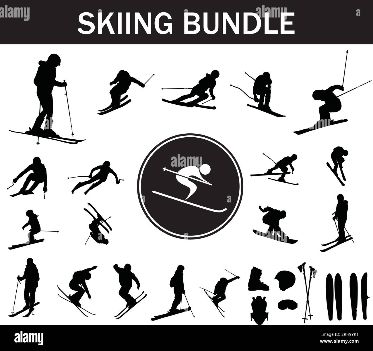 Silhouette-Paket zum Skifahren | Sammlung von Skispielern mit Logo und Skiausrüstung Stock Vektor