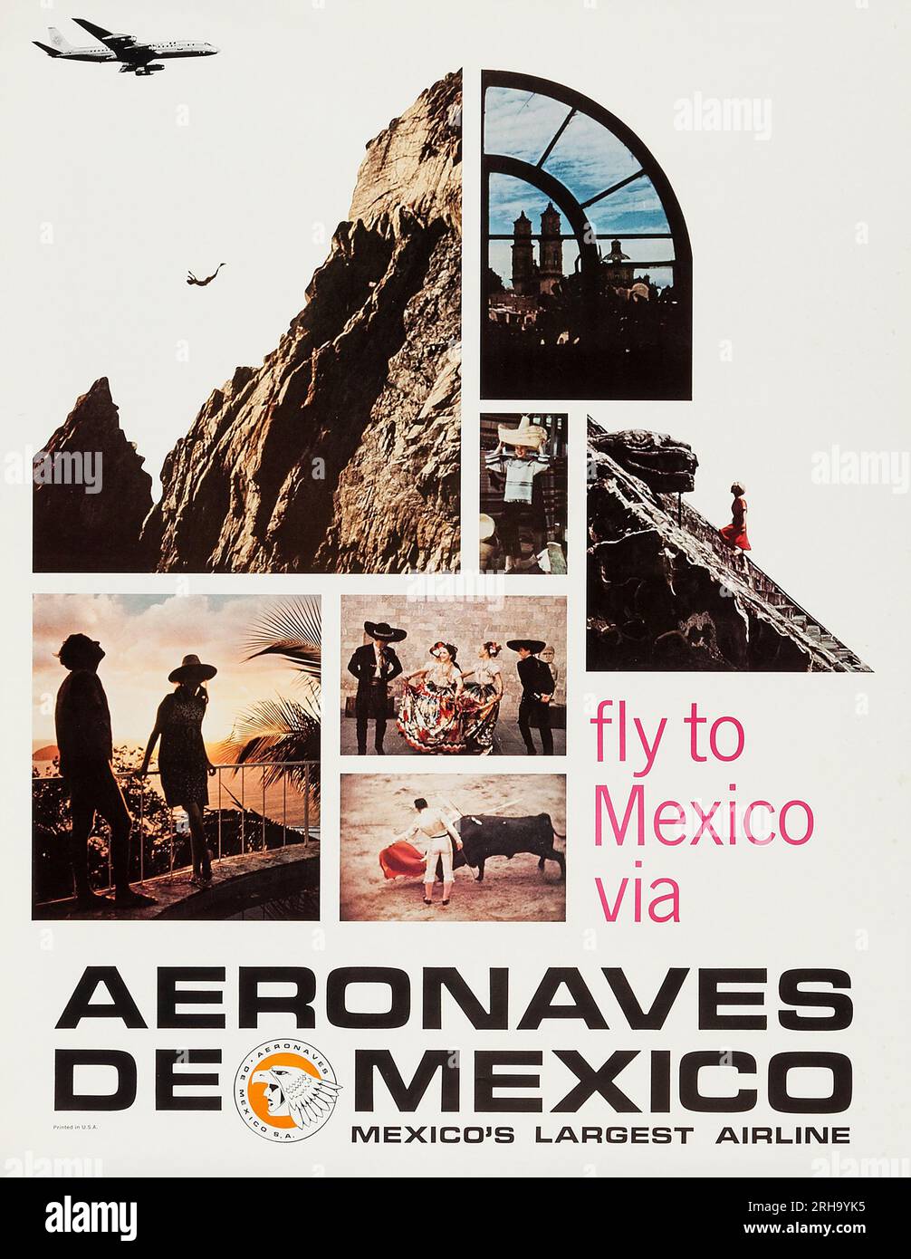Fliegen Sie nach Mexiko über Aeronaves de Mexico Poster - 1960er Jahre Altes Mexikanisches Reiseplakat. Stockfoto