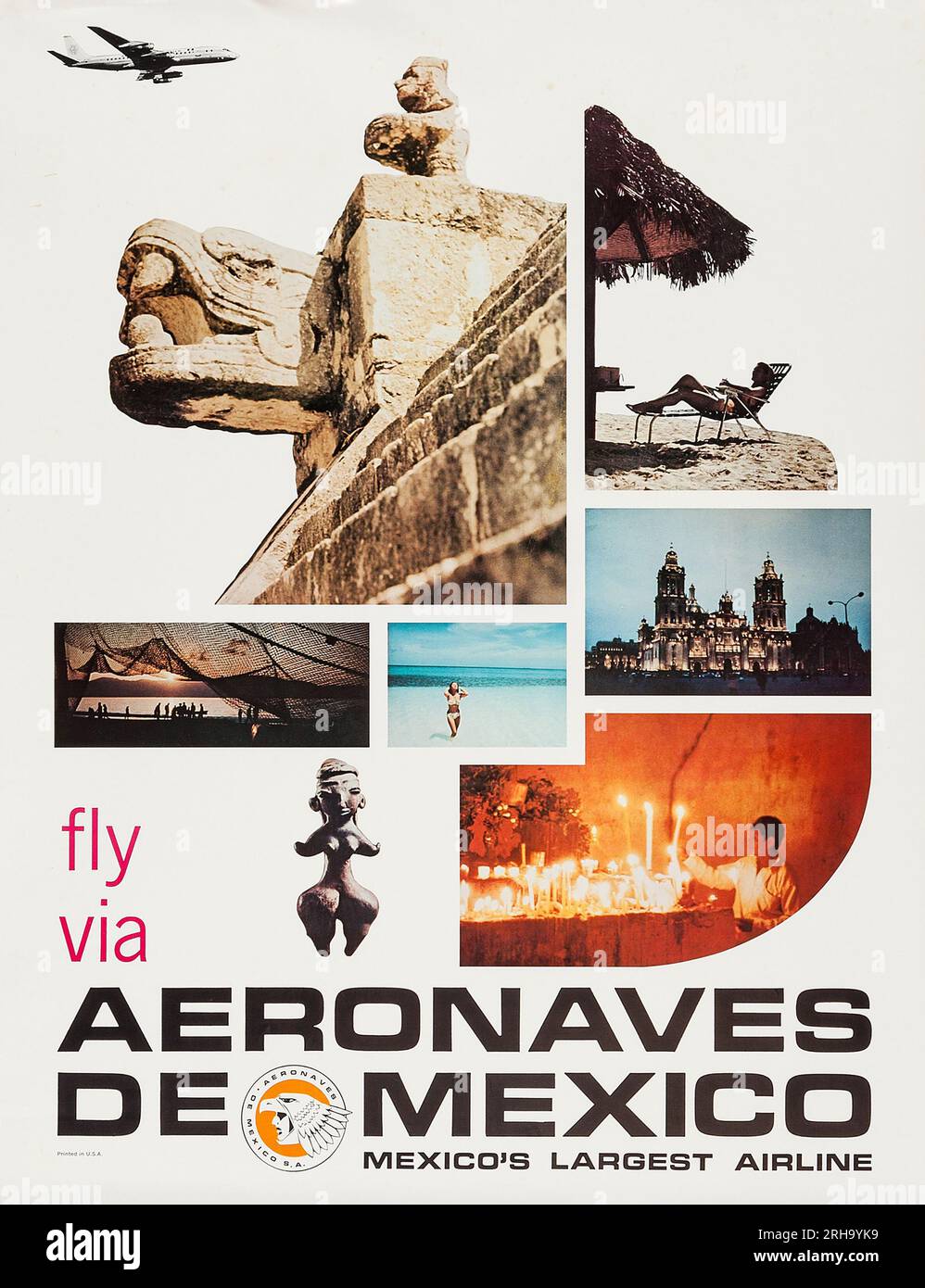 Fliegen Sie über Aeronaves de Mexico Poster 1960er Jahre). Mexikanisches Reiseplakat Stockfoto