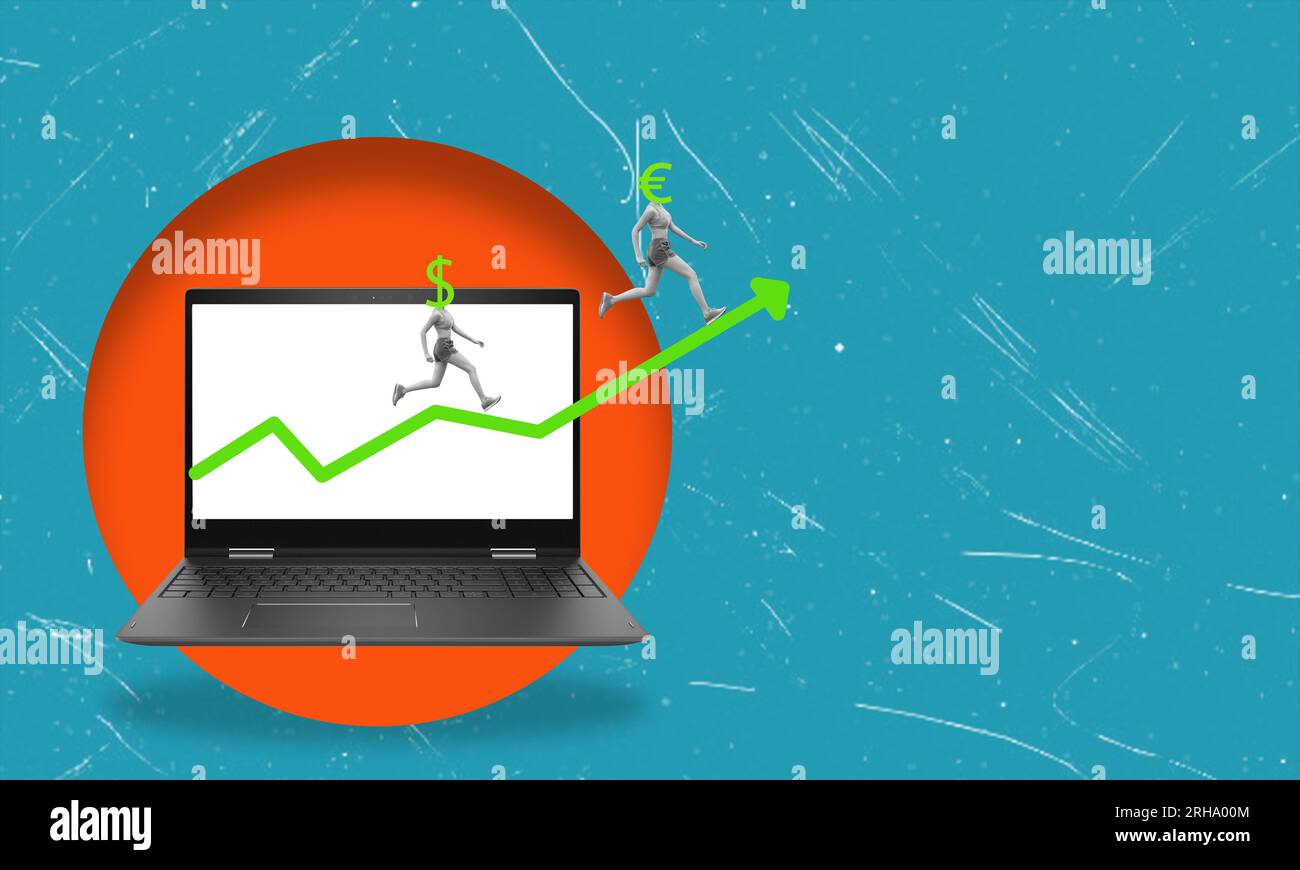 Art Collage, Notizbuch und Währungswachstum auf blauem Hintergrund mit Kopierbereich. Währungswachstumskonzept. Stockfoto