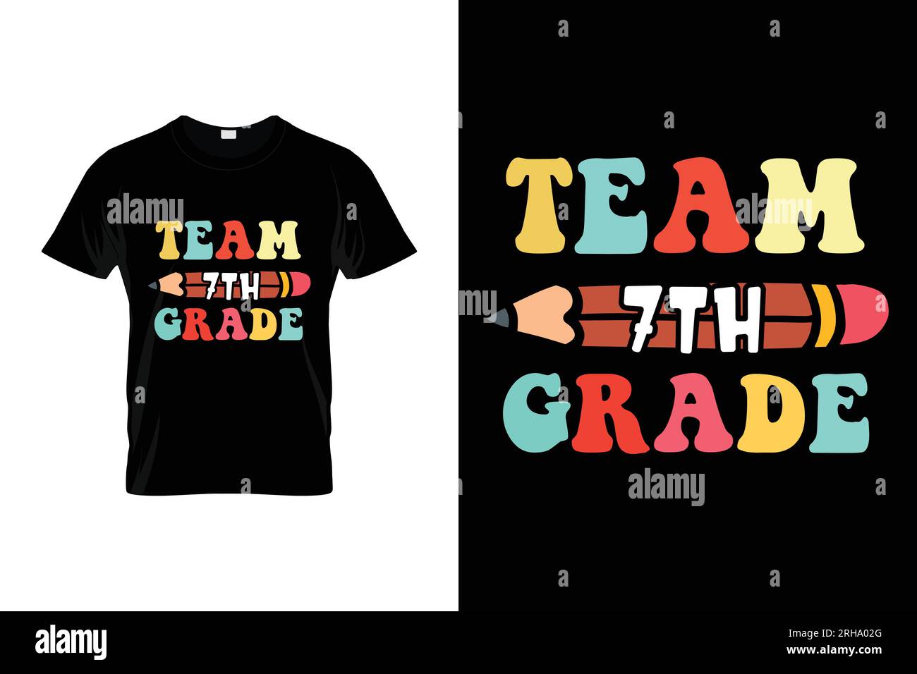 Team 7. Klasse bunte Bleistiftschüler Back-to-School-T-Shirt-Design Stock Vektor