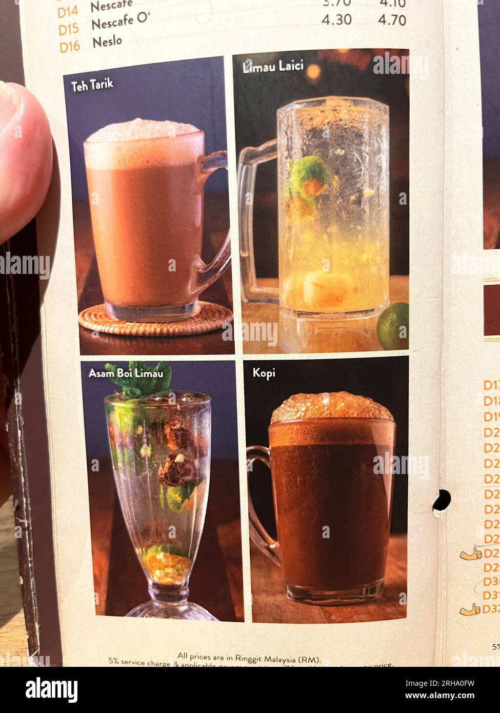 Malysian Drinks on a menu, Kuala Lumpur, Malaysia Stockfoto