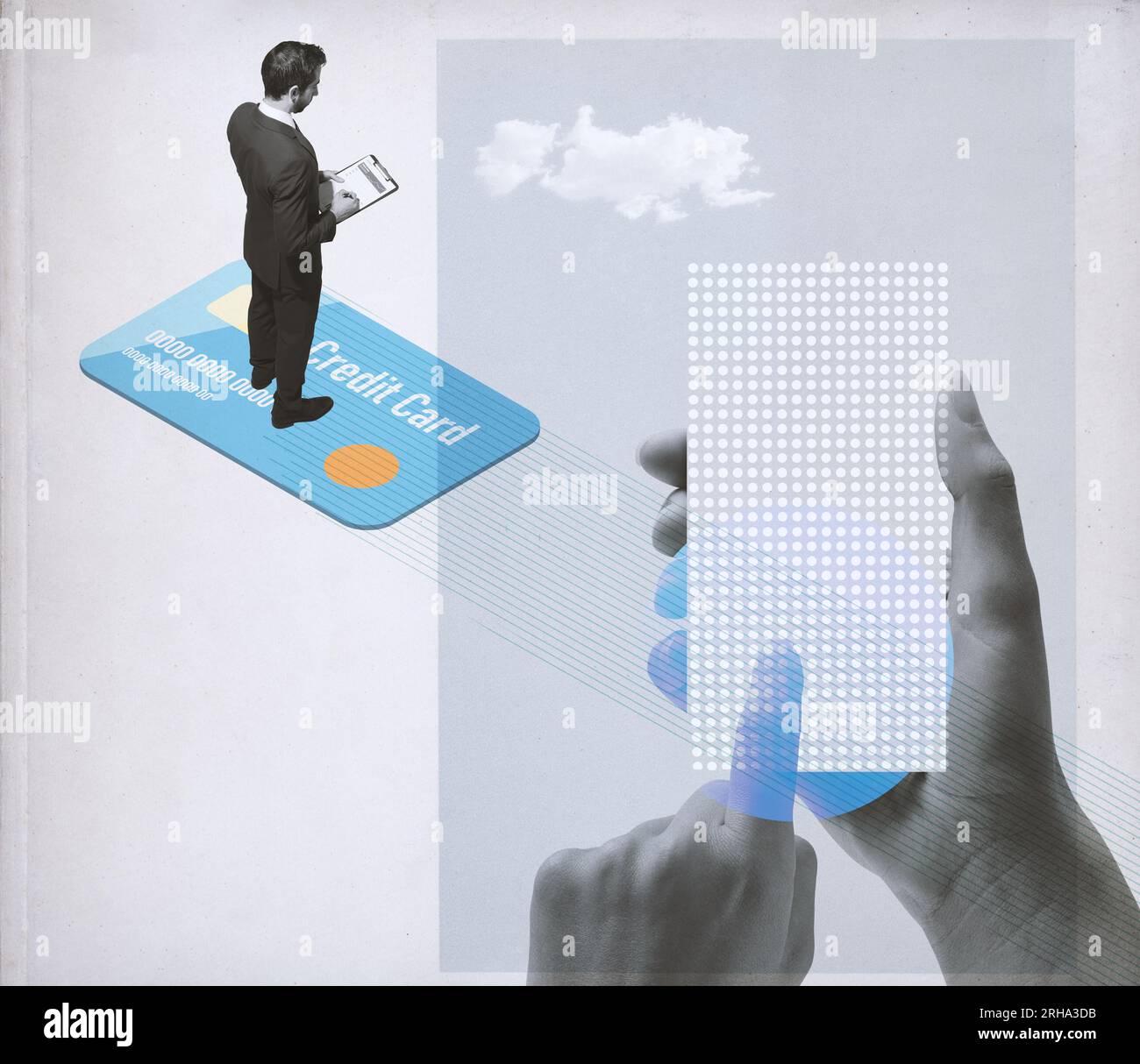 Geschäftsmann, der auf einer Kreditkarte und einer Finanz-App steht: Online-Banking und elektronische Zahlungen, Collage im Vintage-Stil Stockfoto