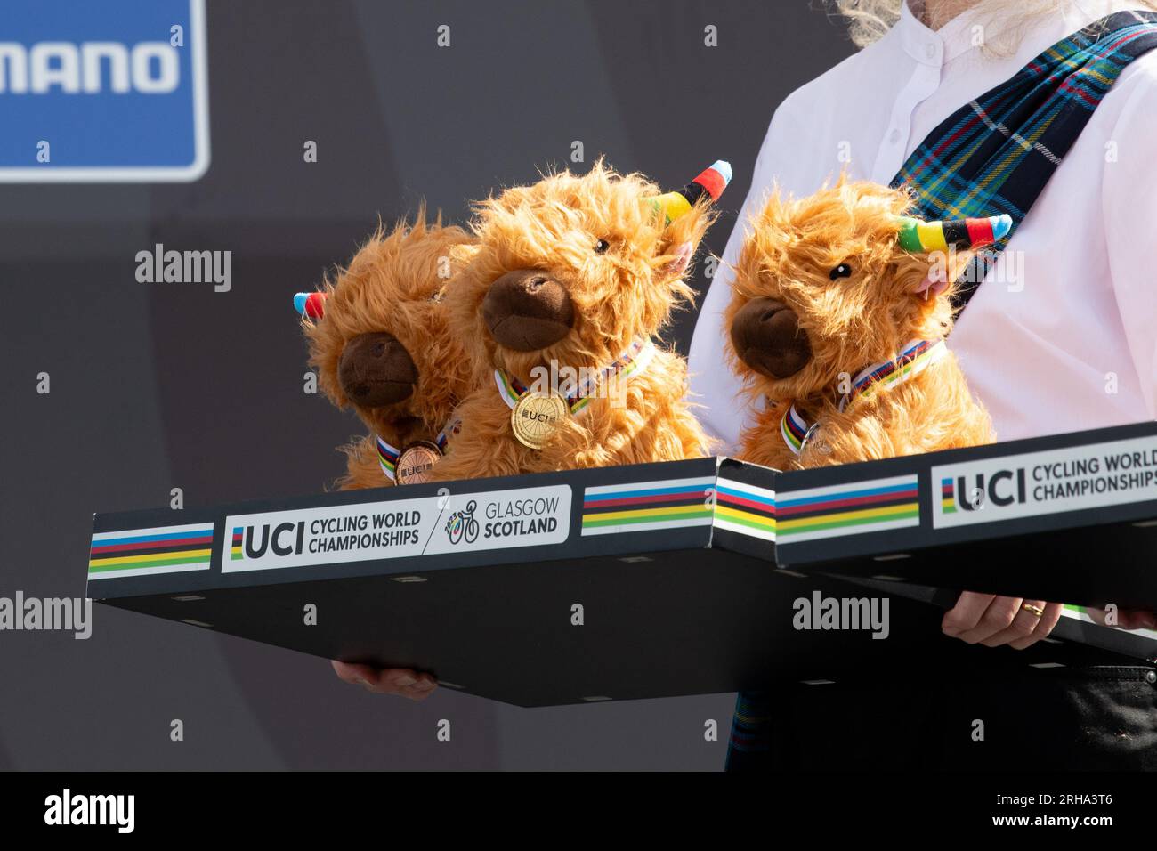 UCI-Radrennen-Weltmeisterschaften 2023 - flauschige Hochlandkuhgeschenke werden den Gewinnern zusammen mit Medaillen überreicht Stockfoto