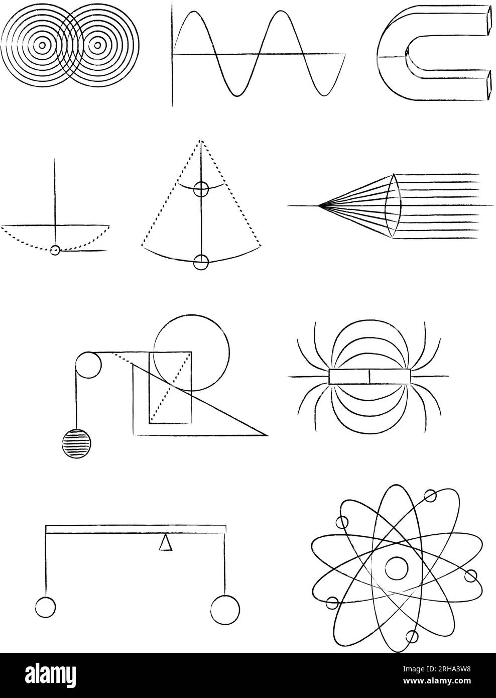 Physik-Kritzeleien. Wissenschaftliche Zeichnungen isoliert auf weißem Hintergrund Stock Vektor