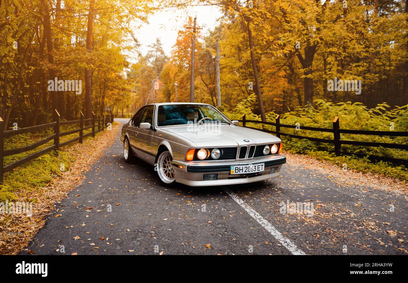 Weitwinkelaufnahme des silbernen BMW 6er E24 Coupés. Dreiviertelansicht des „Sharknose“ BMW der 1980er Jahre mit runden Scheinwerfern am goldenen Herbsttag im Wald. Stockfoto