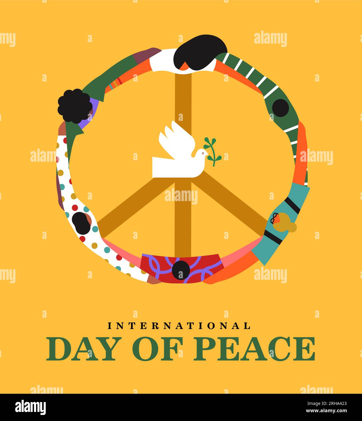 Internationaler Tag des Friedens Vektorbanner-Illustration. Die Gruppe umarmt sich in einem Kreis und schafft die Form des Friedenssymbols und der weißen Taube mit Oli Stock Vektor