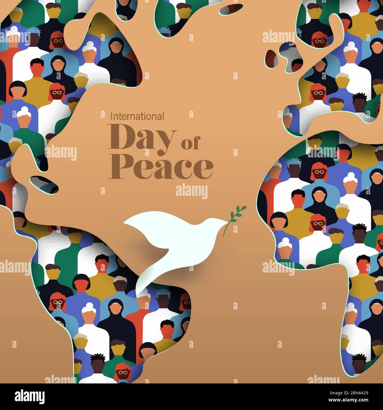 Vektorkarte für den internationalen Friedenstag im quadratischen Format. 3D Papercut-Weltkarte mit verschiedenen Personengruppen und Symbo für weiße Tauben Stock Vektor