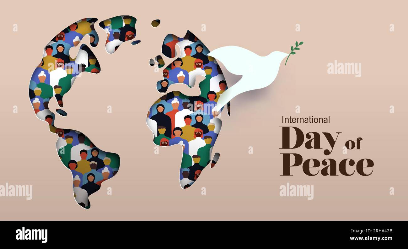 Vektorkarte zum internationalen Friedenstag. 3D Papercut Weltkarte mit verschiedenen Personengruppen und Symbol für weiße Taube. Grafikdesign Stock Vektor