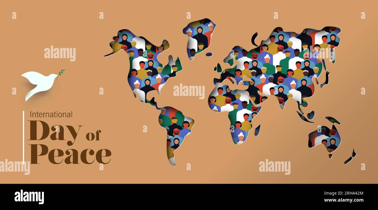 Internationaler Tag des Friedens Vektorbanner-Illustration. 3D Papercut Weltkarte mit verschiedenen Personengruppen und Symbol für weiße Taube. Grafische Beschreibung Stock Vektor
