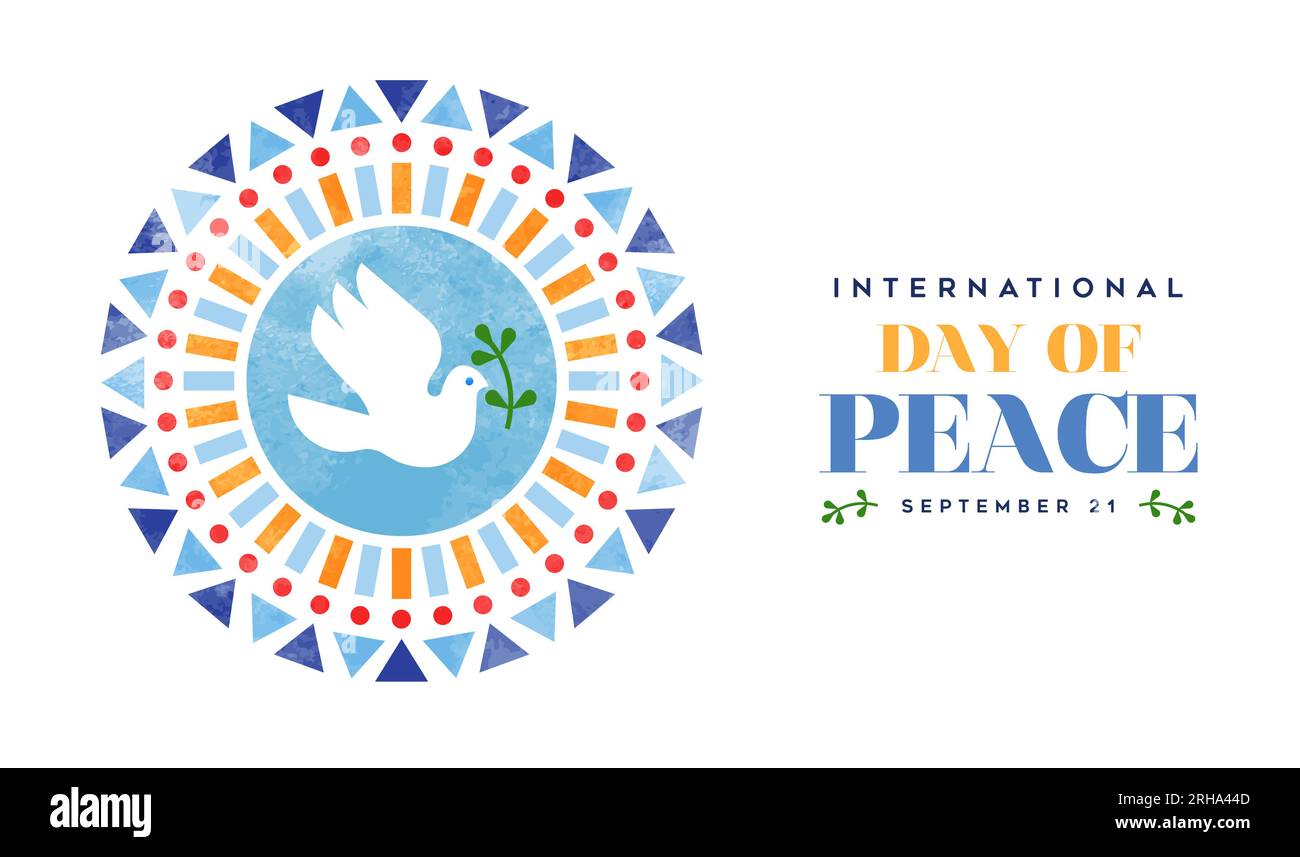 Banner für den internationalen Friedenstag Illustration eines weißen Friedentaubenvogel mit abstrakten geometrischen Volksformen in Aquarelltextur. Grafikdesign auf C Stock Vektor