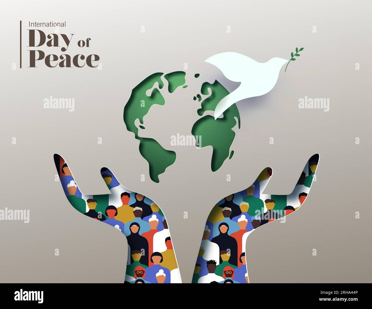 Vektorkarte zum internationalen Friedenstag. Hände mit verschiedenen Menschen Gruppe im Inneren in Papercut Design, Weltkarte und weißen Tauben Symbol Concep Stock Vektor