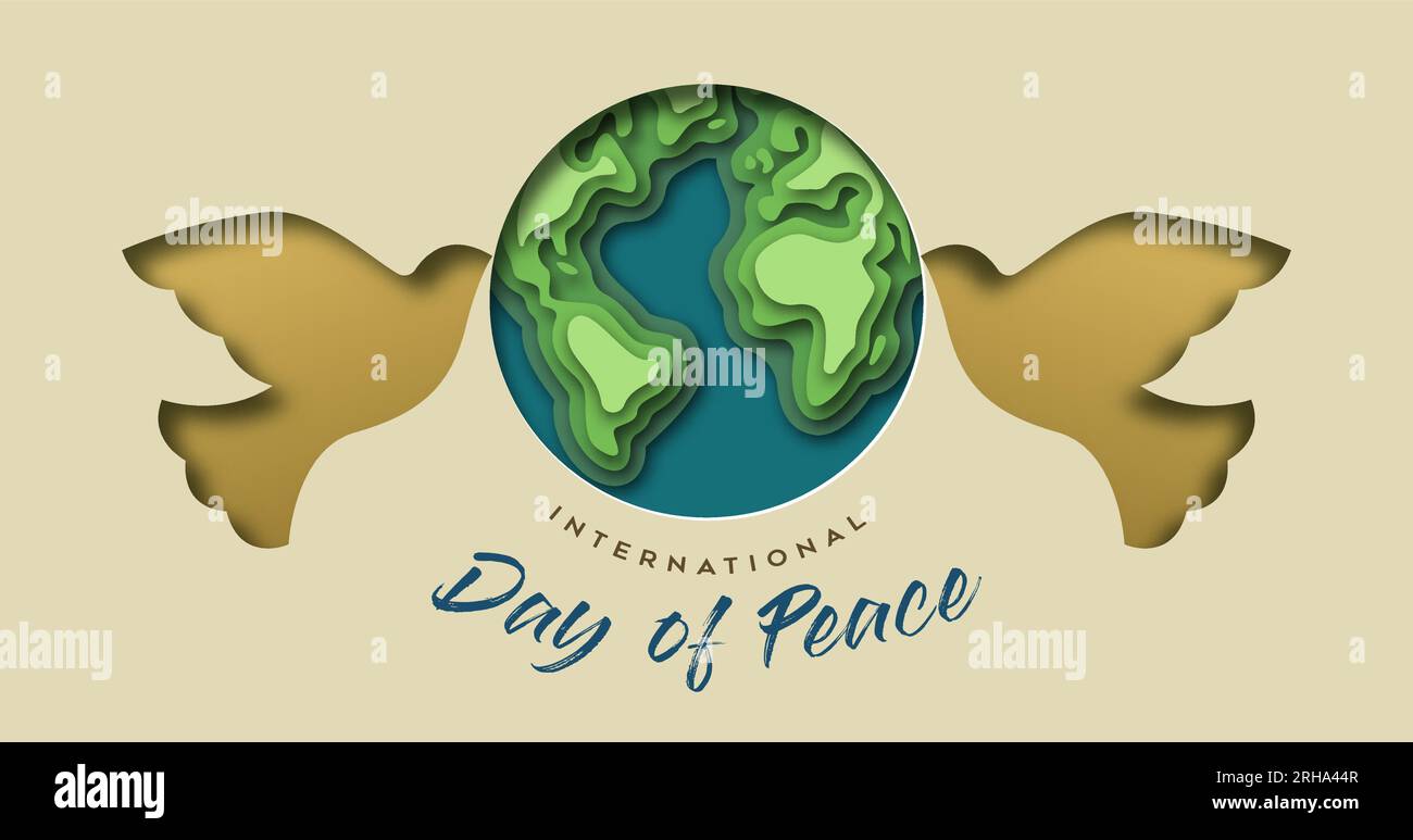 Internationaler Friedenstag 3D Papercut-Vektor Darstellung von ausgeschnittenen Taubenvögeln und Planet Erde mit Zitattext auf isoliertem Hintergrund. Graphi Stock Vektor