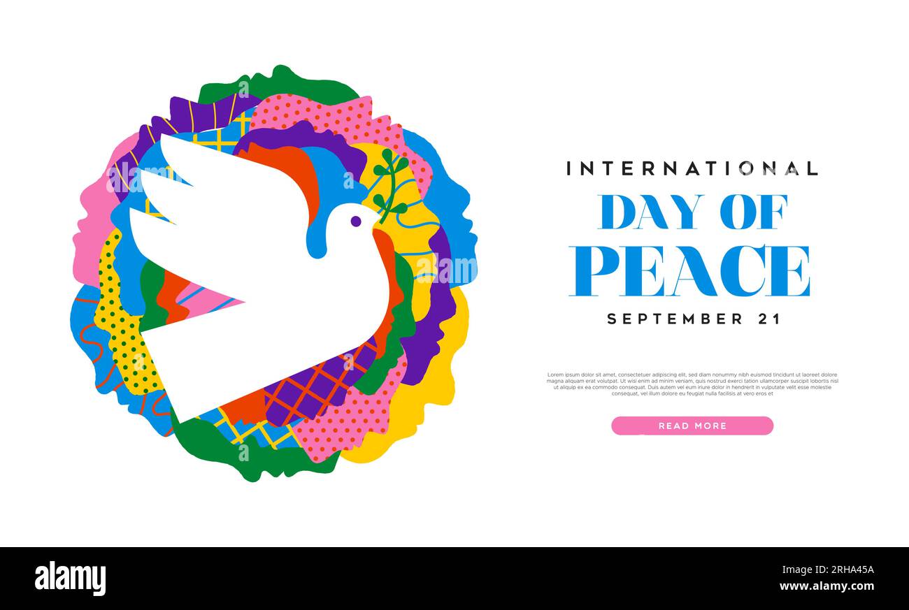 Illustration eines sozialen Webbanners zum Internationalen Friedenstag. Farbenfrohe Menschen treffen sich in kreativen Kunstfarben mit weißer Taube auf isoliertem Hintergrund Stock Vektor