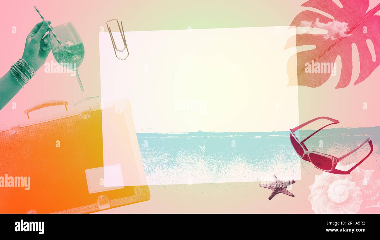 Sommerurlaub am Strand und Reise-Oldtimer-Collage: Frauenhand, Koffer und Meer Stockfoto