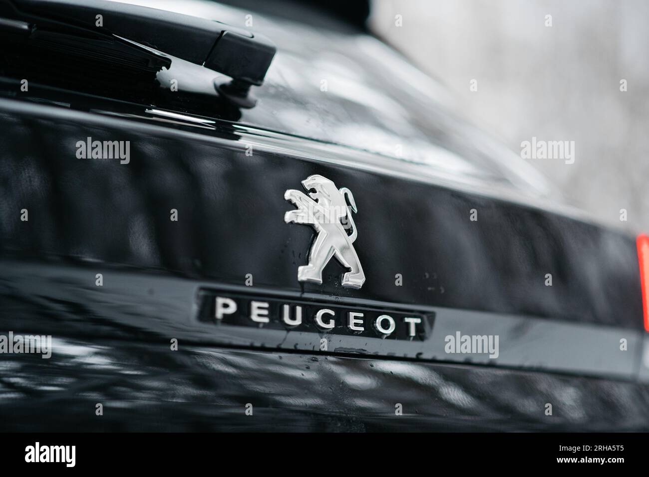 Peugeot-Logo auf der Rückseite des Modells 3008. Löwenemblem auf dem Kofferraum des schwarzen Peugeot SUV Stockfoto