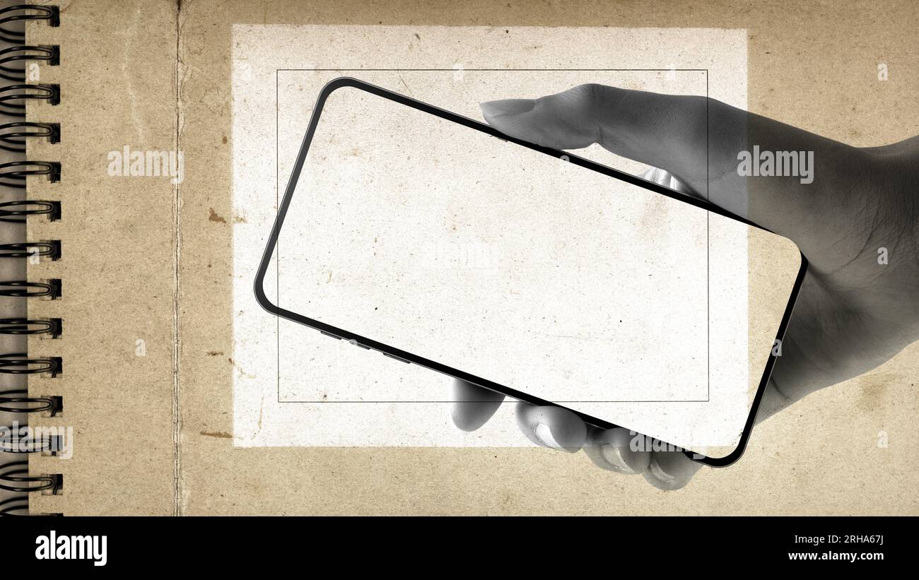 Benutzer, der ein Smartphone in der Hand hält und ein leeres Papieretikett scannt, kreative Collage im Vintage-Stil Stockfoto