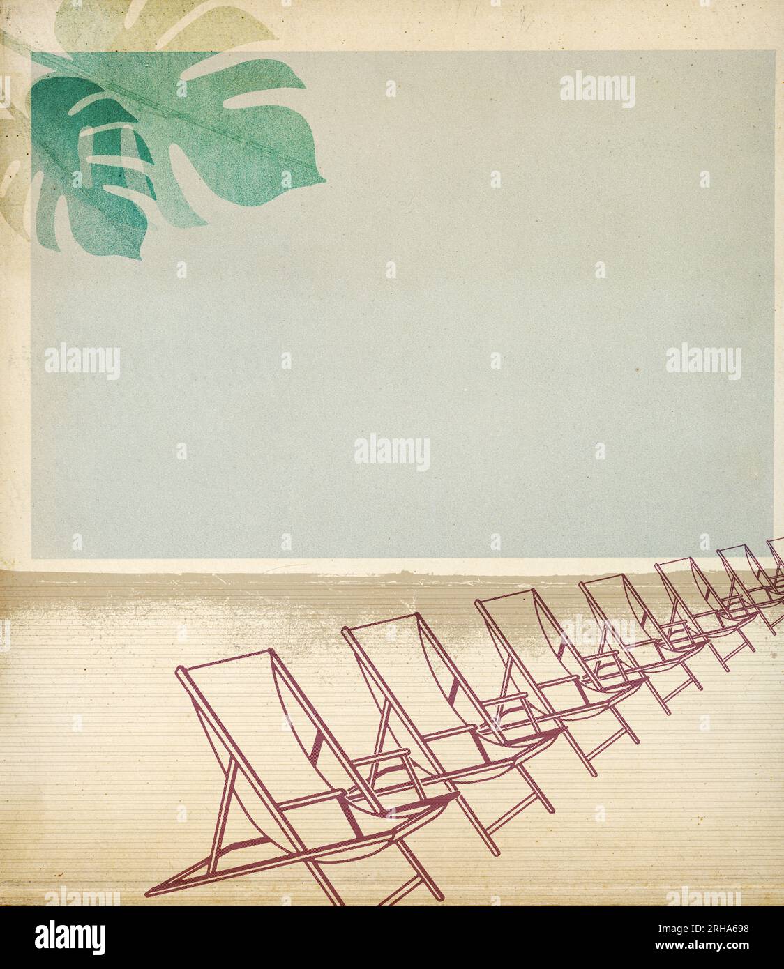 Oldtimer-Poster Sommerurlaub mit Liegestühlen am Strand, Kopierbereich Stockfoto