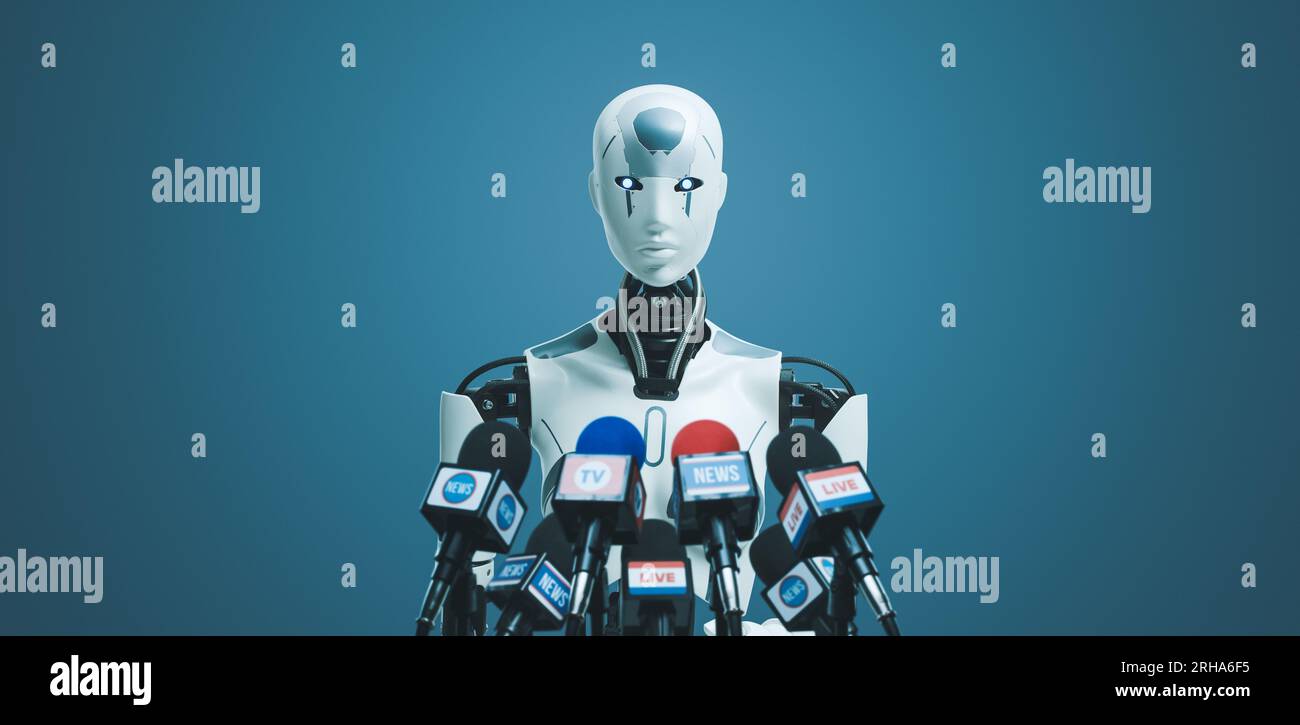 Android-KI-Roboter auf der Pressekonferenz: Künstliche Intelligenz, Robotik und Politikkonzept Stockfoto