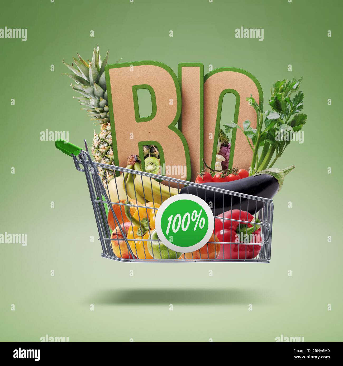 Fliegender Einkaufswagen mit köstlichem frischem Gemüse und Obst, biologischem Bio-Essen und Lebensmitteleinkaufskonzept Stockfoto