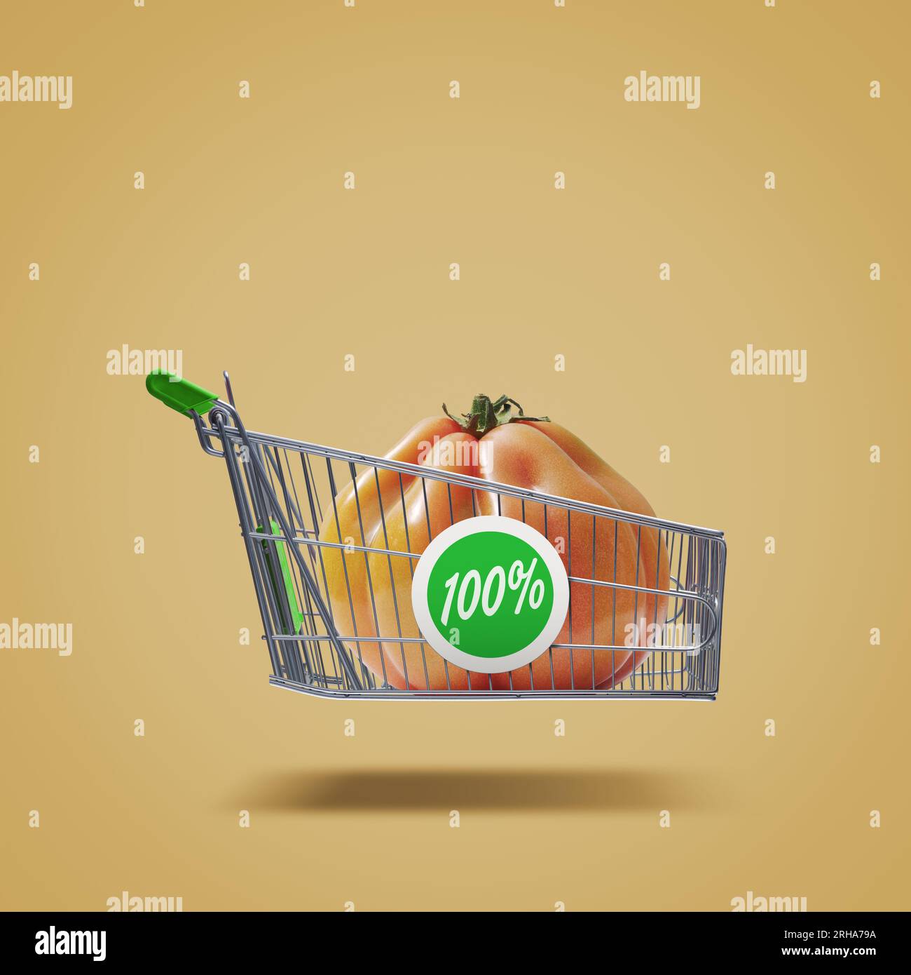 Fliegender Einkaufswagen mit frischer Tomate, Bio-Gemüse und Lebensmitteleinkaufskonzept Stockfoto