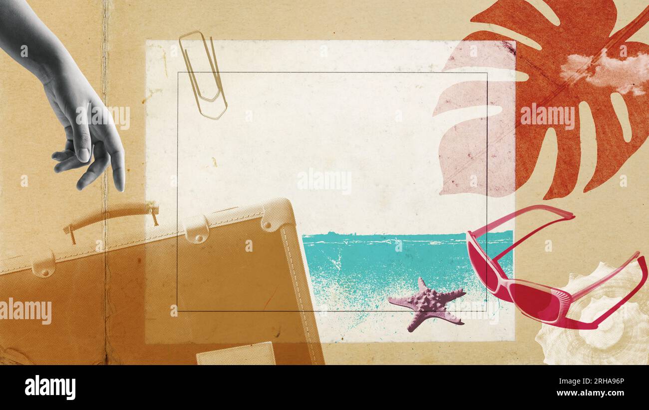 Sommerurlaub am Strand und Reise-Oldtimer-Collage: Frauenhand, Koffer und Meer Stockfoto