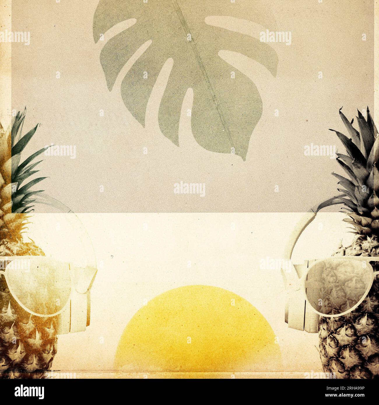 Poster „Vintage Summer Vacations“ mit lustiger Ananas und Kopfhörern Stockfoto