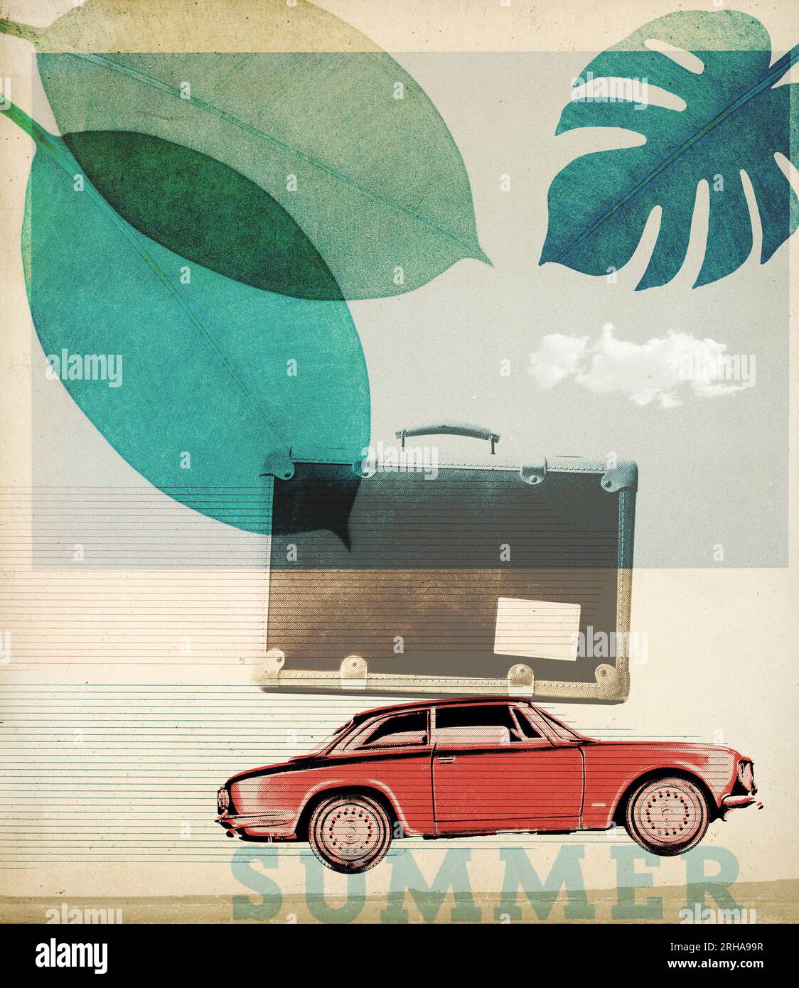 Sommerurlaub Collage im Retro-Stil mit Oldtimer und Koffer Stockfoto