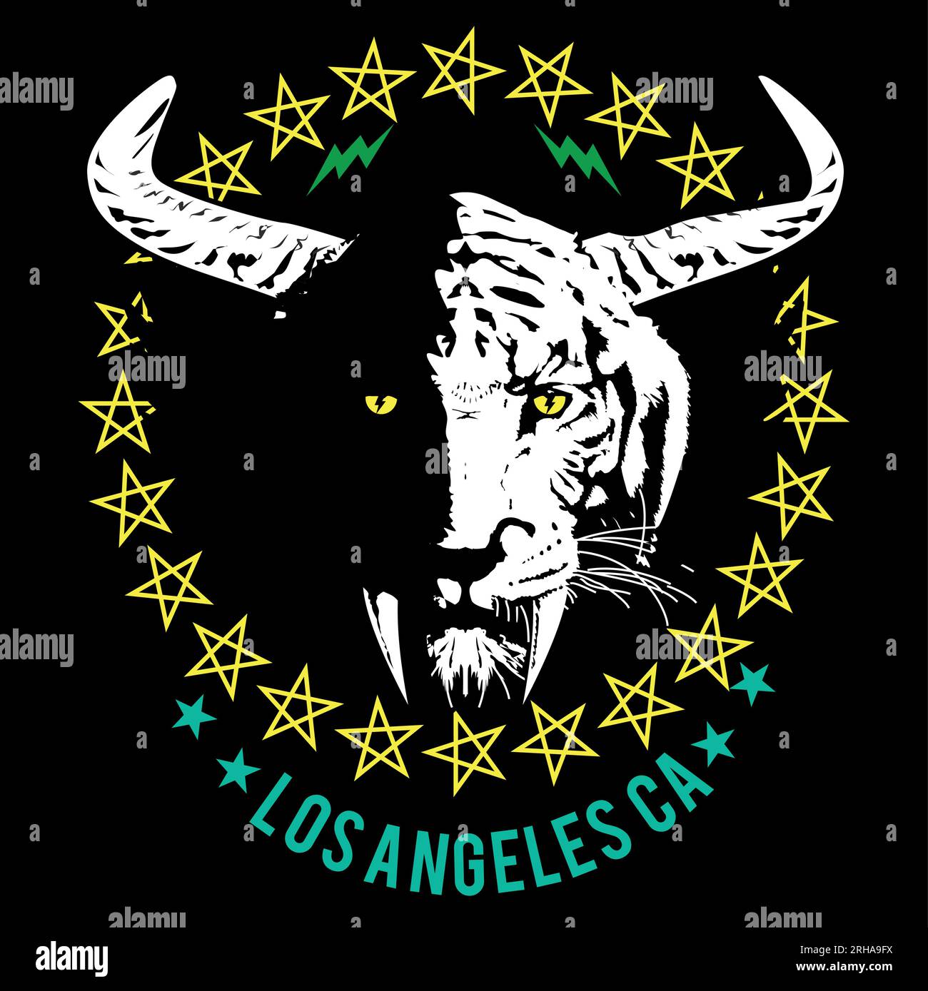 Los Angeles. T-Shirt-Design eines Säbelzahntiger-Kopfes mit Hörnern, umgeben von Sternen. Vektor-Illustration fantastischer Inhalte. Stock Vektor