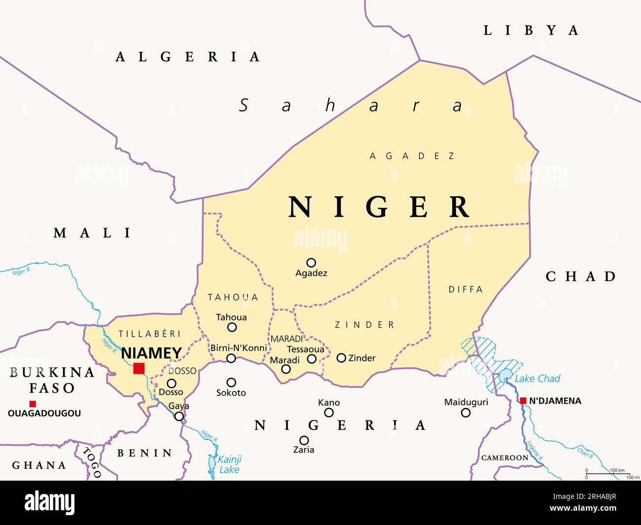 Republik Niger, ein Binnenland und Einheitsstaat in Westafrika. Politische Karte mit Grenzen, Regionen, Hauptstadt Niamey und den größten Städten. Stockfoto