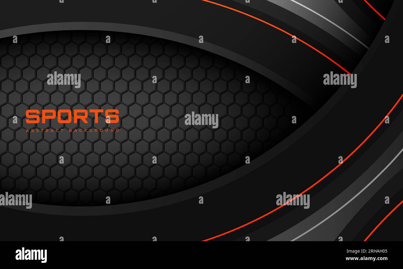 Dunkelgrauer abstrakter Sport-Vektor-Hintergrund mit sechseckigen Kohlefasern und orangefarbenen Linien. Futuristisches, modernes, sportliches Gaming-Banner. Vektorgrafik. Stock Vektor