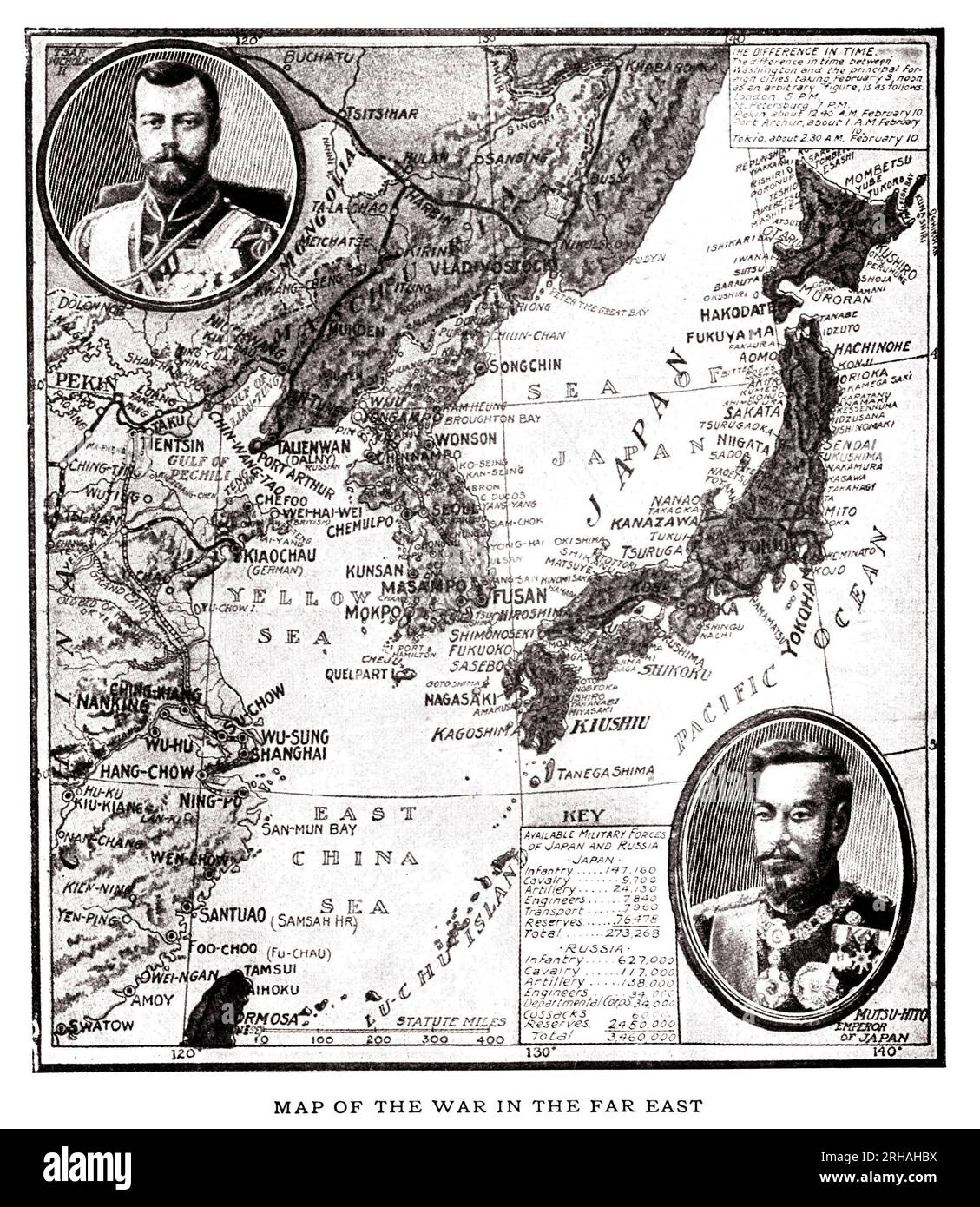 Carte de l'est de la Russie, de la Coree et du Japon Pendelleuchte le conlit russo japonais (1904-1905). En medaillon, le Zar Nicolas II de Russie (1868-1918) et l'Kaiser Meiji du Japon (1852-1912). Illustration, in "Russland und Japan und eine vollständige Geschichte des Krieges im Fernen Osten", de Frederic William Unger et Charles Morris, Washington D.C., 1905. Stockfoto
