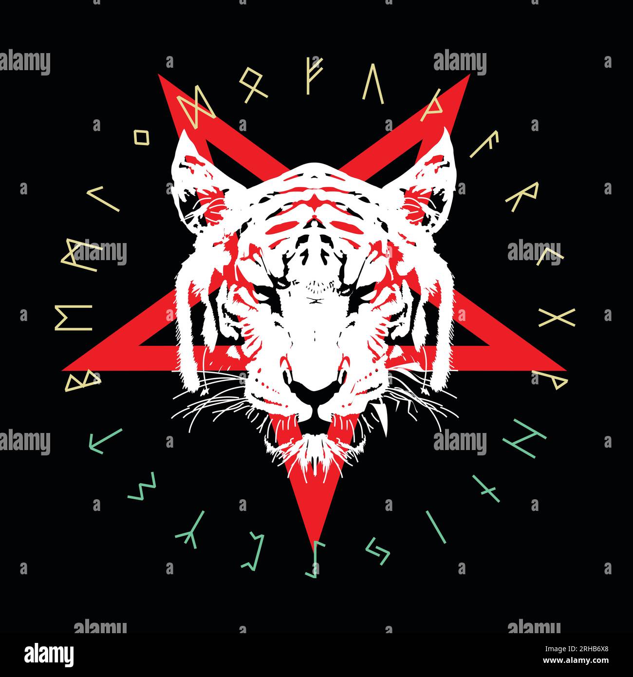 Design für T-Shirt mit Tigerkopf über Dämonenstern und Runenalphabet. Vektor-Illustration über satanische Riten. Stock Vektor