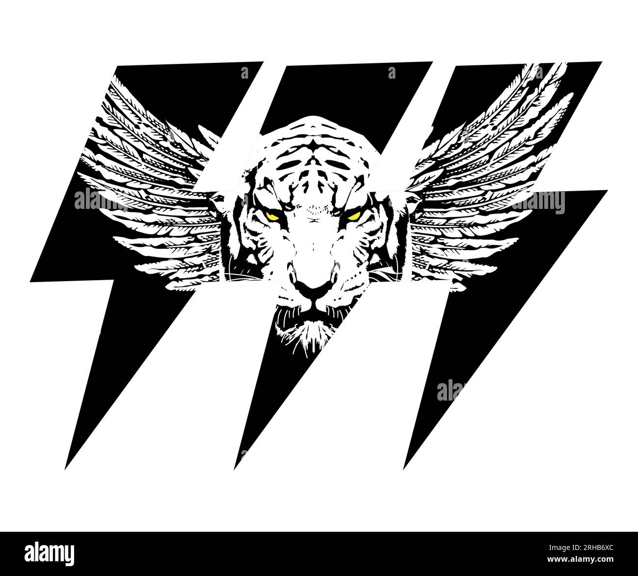 Design für ein T-Shirt mit Tigergesicht und Flügeln neben drei Donnersymbolen. Fantastische Illustration für Rockmusik. Stock Vektor