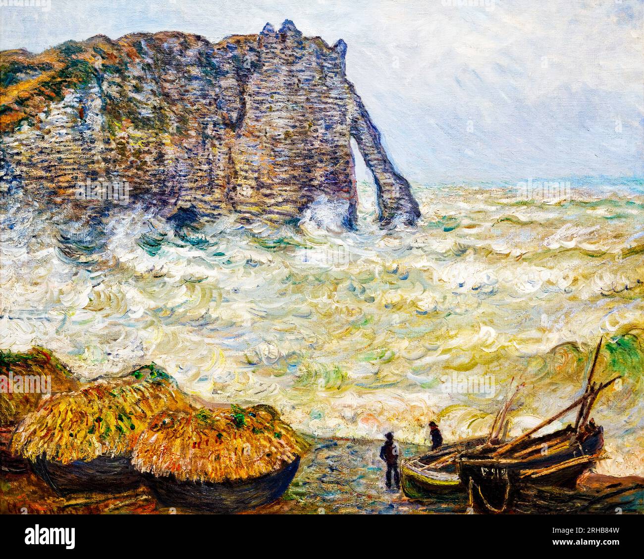Claude Monets stürmisches Meer in Etretat berühmtem Gemälde. Original aus Wikimedia Commons. Stockfoto
