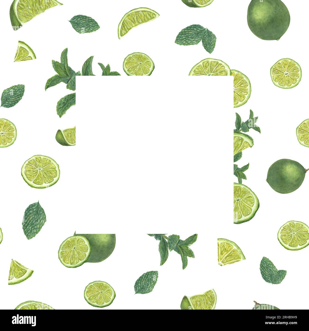 Rahmen mit frischen Limettenscheiben und grünen Minzblättern. Aquarellillustration isoliert auf weißem Hintergrund. Komposition aus Sommerfrüchten. Stockfoto