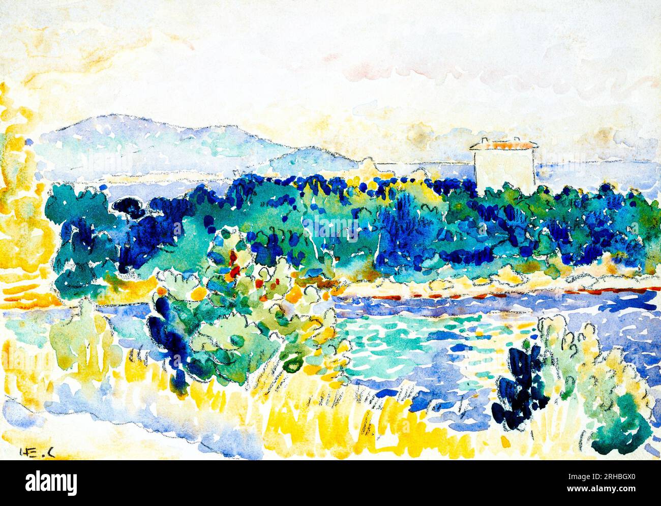 Mediterrane Landschaft mit einem Gemälde des Weißen Hauses in hoher Auflösung von Henri-Edmond Cross. Original aus dem MET Museum. Stockfoto