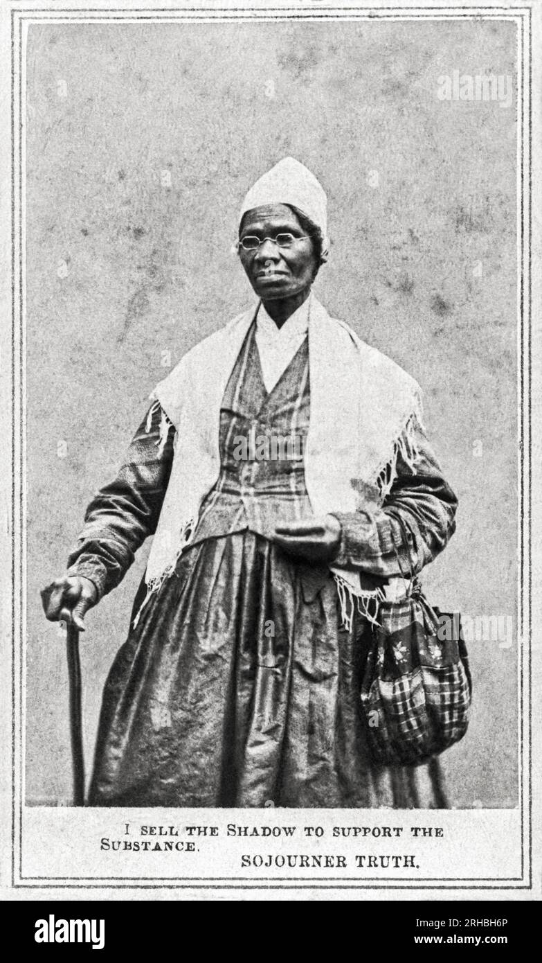 Detroit, Michigan: 1864 ein Albumen carte de visite Portrait von Abolitionist und Frauenrechtlerin Sojourner Truth. Die Bildunterschrift lautete: "Ich verkaufe den Schatten, um die Substanz zu unterstützen". Die Wahrheit Über Die Reise Stockfoto