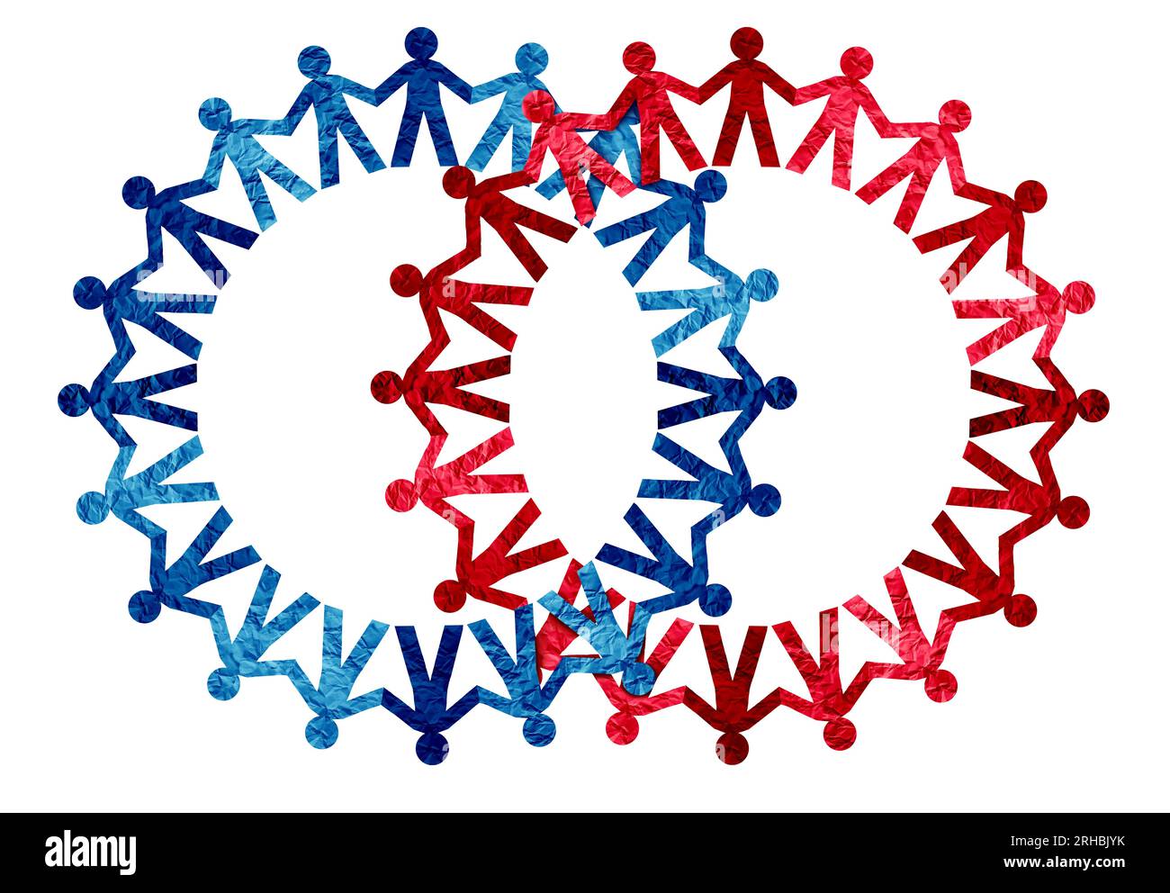 Vereinte Menschen als zwei Gruppen, die miteinander verbunden sind als ein parteiübergreifendes Konzept von Vielfalt und Crowd-Kooperation als rot-blaue Gruppe, die Politik als Kontras repräsentiert Stockfoto