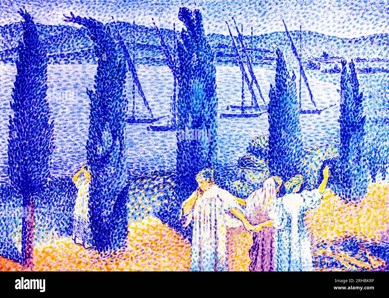Die Promenade; Landschaft mit Zypressenmalerei in hoher Auflösung von Henri-Edmond Cross. Original aus dem Cleveland Museum of Art. Stockfoto
