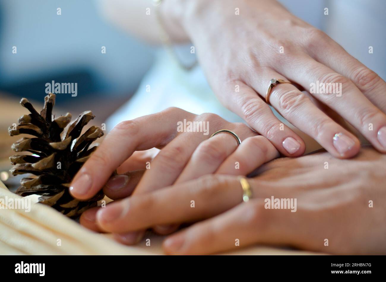 Hochzeitsfotografie. Hände von Braut und Ehemann mit Details zum Ehering. Stockfoto